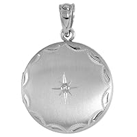 3/4 inch Round Sterling Silver Diamond Locket Necklace for Women Starburst Set Engraved Rim, 16-20 inch