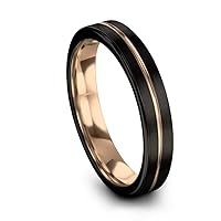 Tungsten Wedding Band Ring 4mm for Men Women 18k Rose Gold Plated Flat Cut Center Line Black Brushed Polished