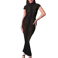 Lancifolium Women’s Sexy Mock Neck See Through Long Dress Fall Fashion 2023 Striped Sheer Sweater Dresses