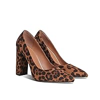 LEHOOR Women Chunky High Heel Pumps Pointed Toe Animal Print Suede Closed Toe Sandals 4 Inch Block Heel Slip On Dress Pumps Shoes Sexy Comfy Office Ladies Wedding Party 4-11 M US
