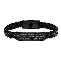 Matthew 6:33, But Seek First His Kingdom and His Righteousness, Bible Verse Bracelet, Braided Leather Bracelet, Inspirational Jewelry, Christian Gift, Confirmation Sponsor Gifts, First Holy Communion