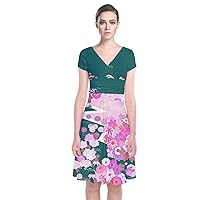 CowCow Womens V-Neck Casual Dress Japanese Style Cherry Blossom Short Sleeve Front Wrap Dress, XS-3XL