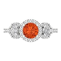 1.72ct Round Cut Halo Solitaire three stone With Accent Red Simulated Diamond designer Modern Statement Ring 14k White Gold