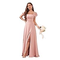 Chiffon Bridesmaid Dresses for Women A Line Ruffle Sleeve Formal Evening Party Dress Long with Slit MA94