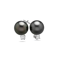 0.15 Cts Diamond & 8.0 mm Tahitian Cultured Pearl Earrings in 18K White Gold - Valentine's Day Sale