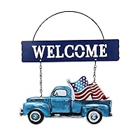 Patriotic Little Truck Metal Hanging Sign - 8.75 inches x 9.5 inches (Blue (Welcome))
