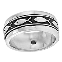 10mm Sterling Silver Ichthys Spinner Ring Christian Fish Design Handmade 3/8 inch wide size 8-14