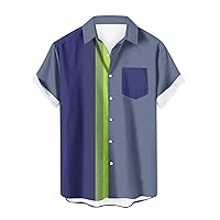 Mens Casual Beach Shirt Summer Short Sleeve Turndown Collar Loose Fit Patchwork Printed Pocket Hawaiian Shirt for Men