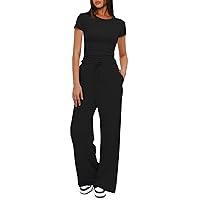 Darong Women's 2 Piece Outfits Lounge Sets Ruched Short Sleeve Tops and High Waisted Wide Leg Pants Tracksuit Sets
