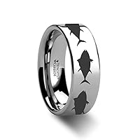 Rings Tuna Fish Polished Finish Flat Tungsten Carbide Wedding Ring with Matte Black Engraved Jumping Sea Print Pattern Comfort Fit Lightweight Durable Wedding Band - 4mm to 12mm