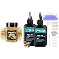 Resiners UV Resin Kit & Holographic Ultra Fine Glitter Powder -Upgraded 200g Crystal Clear Low Odor UV Glue for Resin Curing,Mixing Cups,Stir Sticks,Tumblers,Slime