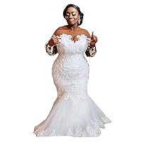 Plus Size Illusion Bridal Ball Gowns with Train Lace Mermaid Wedding Dresses for Bride Long Sleeve