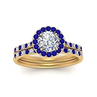 Choose Your Gemstone Round Halo Ring with Matching Pave Band Yellow Gold Plated Round Shape Wedding Ring Sets Everyday Jewelry Wedding Jewelry Handmade Gifts for Wife US Size 4 to 12