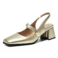 Block Heel Slingback Pumps for Women 2 Inches Mary Jane Closed Square Toe Office Lady Work Dress Shoes Mid Heeled Sandals Patent Leather Comfy Casual Walking Party Wedding
