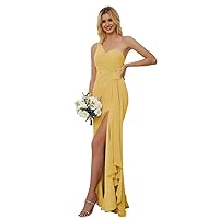 One Shoulder Split Bridesmaid Dresses Long with Pockets Tight Formal Dress for Wedding Guest Gold 00