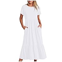 Long Flowy Dresses for Women, Women's Casual Short Sleeve Crewneck Swing Dress Tiered Maxi Beach with Pockets Summer