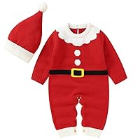 Newborn Baby Knitted Christmas Sweater Romper Crew Neck Long Sleeve Button Jumpsuit with Hat Set Fall Winter Clothes