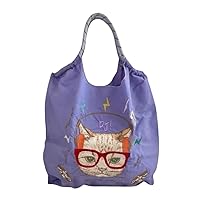 Shoulder Bag for Women, Embroidered with Cute Graphic, Bright Color, Make it a Crossbody with Rope Extension Sold Seperately (Purple Cat, Medium)