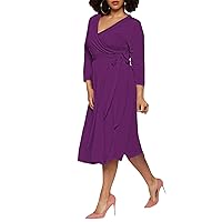 Pink Queen Women's Plus Size Dresses Wedding Guest Cocktail Party 3/4 Sleeve Wrap Swing Dress with Belt Purple XL