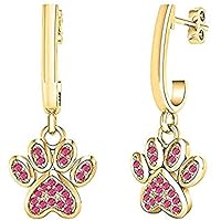 Round Shape Created Pink Ruby 14k Yellow Gold Plated 925 Sterling Silver Puppy Dog Cat Pet Paw Print Drop & Dangle Earrings For Women Jewelry