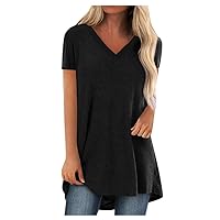 Women's V Neck Tops 2024 Summer Casual Short Sleeve Tunic Shirts Loose Fit Hide Belly Dressy Blouses to Wear with Leggings