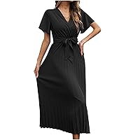 Pleated Maxi Dress for Women Short Sleeve Elegant Graduation Party Dress Solid V Neck Lightweight Chiffon Summer Dress