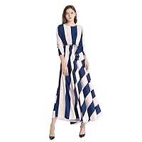 Plus Size Short Sleeve Dress for Women Fashion Round Neck Blue Stripe Long Elegant Party Dresses