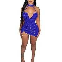 Womens Sexy Sleeveless Halter Mesh Rhinestone Bodycon Party Clubwear Mini Dress