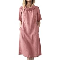 Women's Summer Dress Ladies Fashion Solid Color Casual Loose Cotton Linen Short Sleeve Round Neck Dresses(Pink,3X-Large)