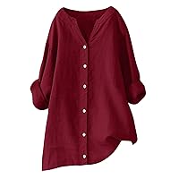 Drop Shoulder Cotton Linen Henley Tunic Tops for Womens 3/4 Roll-Up Sleeve V Neck T-Shirts Summer Casual Oversized Blouses