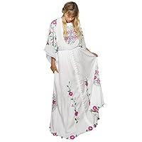 HAN HONG Embroidered Women Maxi Dress V-Neck Batwing Sleeve Loose Oversize Summer Dresses Drawstring Waist Beach Vestidos