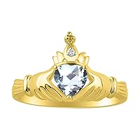 Rings for Women 14K Gold Plated Silver Claddah Love, Loyalty & Friendship Ring Heart 6MM Gemstone & Diamond Claddagh Rings Birthstone Jewelry for Women Sterling Silver Rings Size 5-13