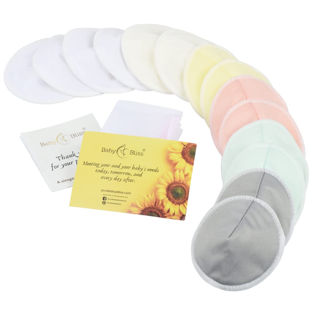 14-Pack Organic Bamboo Nursing Pads - Reusable Breast Pads for Breastfeeding, Nipple Pads, Washable Nursing Pad, Breastfeeding Pads for Leaking, Breast Milk Pads, Bra Pads (Pastel Touch, Large 4.7”)