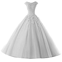 Women's Tulle Quinceanera Prom Dress Cap Sleeves Beaded Ball Gown Dress