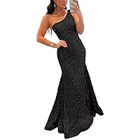 Women's One Shoulder Mermaid Prom Dress Long Glitter Sequin Formal Evening Gowns for Wedding Party Lace Up Back