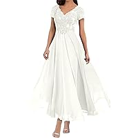 V Neck Lace Applique Tea Length Mother of The Bride Wedding Dresses Women's Cap Sleeve Chiffon Formal Party Dress