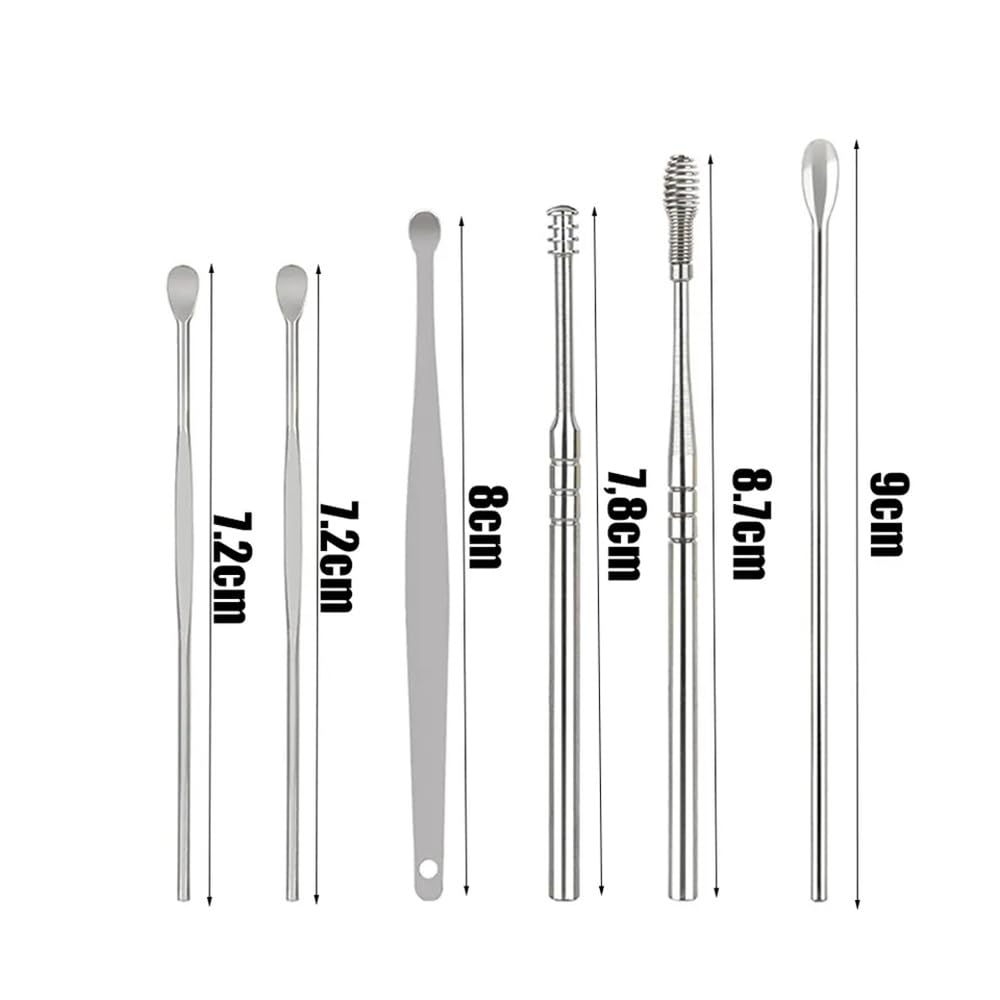Ear spoon (6PCS), portable and compact, stainless steel ear picking tool, PU leather set