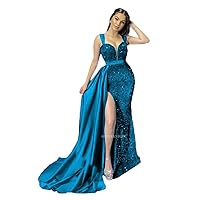 Women's Sequin Mermaid Prom Dresses 2024 Satin Spaghetti Strap Evening Gowns Long Split with Train
