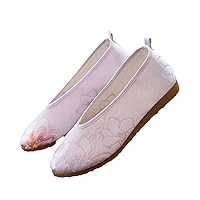 Flower Embroidered Women Soft Glossy Cotton Fabric Ballet Flats Ladies Casual Slip On Walking Shoes Non-Slippery
