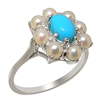 925 Sterling Silver Natural Turquoise & Cultured Pearl Womens Cluster Ring - Sizes 4 to 12 Available