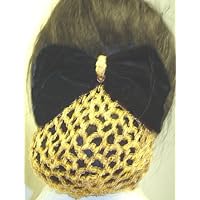 Sn72, Hand Crocheted Metallic Gold Gimp Dress Snood with Black Velvet Bow for Women and Teens