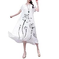Cotton and Linen Summer Dress,Ink Print,V-Neck,Loose Midi Style for Women,Vintage National Short Sleeve Dress