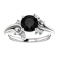 Vintage Round Engagement Ring 3 CT Black Diamond Ring Milgrain Antique Black Round Onyx Ring Art Deco 925 Sterling Silver Wedding Anniversary Rings Promise Gifts