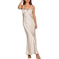 Summer Satin Braided Spaghetti Strap V Neck Maxi Dress for Women Elegant Silk Sleeveless Backless Midi Prom Dress