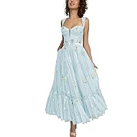 Women's Puffy Prom Dresses Flower Embroidery Tulle Evening Party Gowns Tea Length