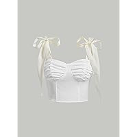 Women's Tops Sexy Tops for Women Shirts Ruched Tie Shoulder Wide Straps Top Shirts for Women (Color : White, Size : Large)