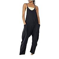 Jumpsuit for Women Casual Sleeveless Rompers Summer Loose Fit Spaghetti Strap Long Pants V Neck Baggy Overalls with Pockets