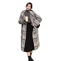 Woolen Long Coat Retro Plaid Warm Sleeve Hooded Outwear Button Office Lady Casual Loose Jacket