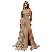 Women's Chiffon Bridesmaid Dresses Long with Slit Ruched One Shoulder Prom Dresses A Line Formal Evening Party Gown