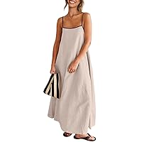 Shy Velvet Women's 2024 Summer Linen Maxi Dress Contrast Spaghetti Strap Dress Backless Sleeveless Casual Party Beach Dresses